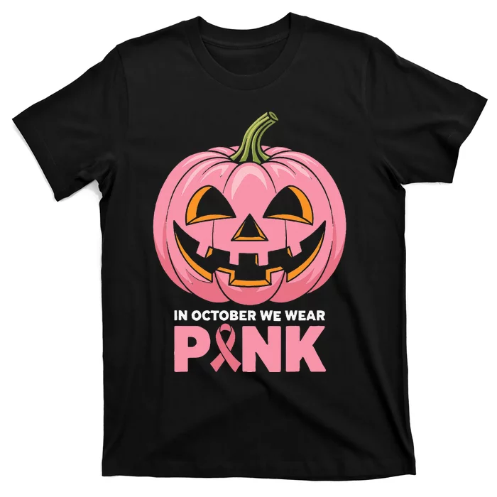 In October We Wear Breast Cancer Pumpkin Halloween T-Shirt