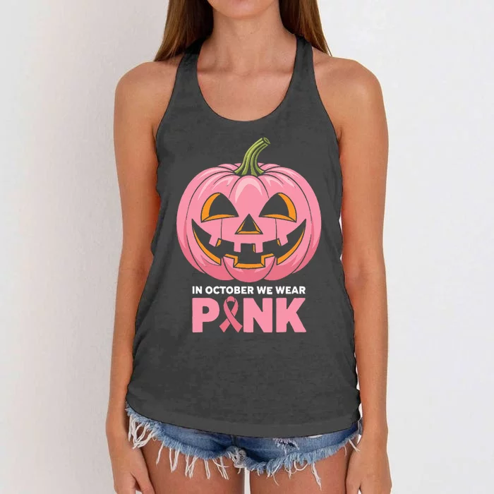 In October We Wear Breast Cancer Pumpkin Halloween Women's Knotted Racerback Tank