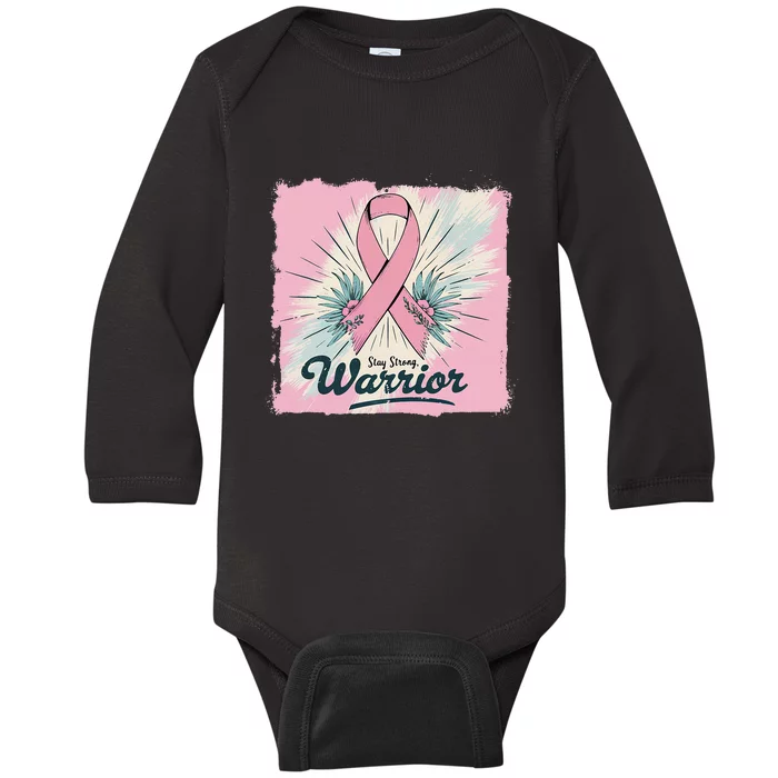 In October We Wear Stay Strong Warrior Breast Cancer Baby Long Sleeve Bodysuit