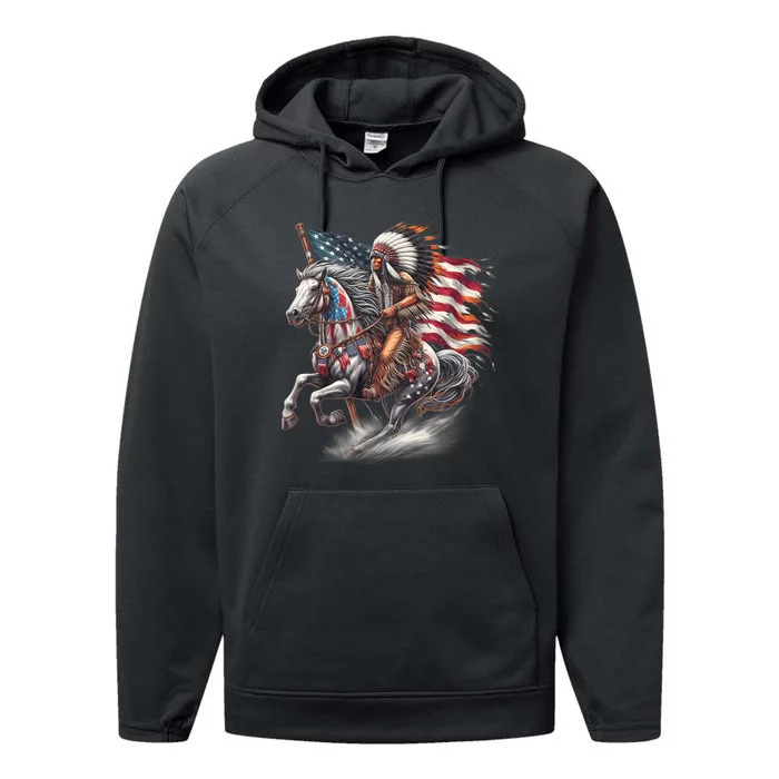 Indigenous Peoples Day 4th Of July Native American Day Flag Indian Riding Horse Performance Fleece Hoodie