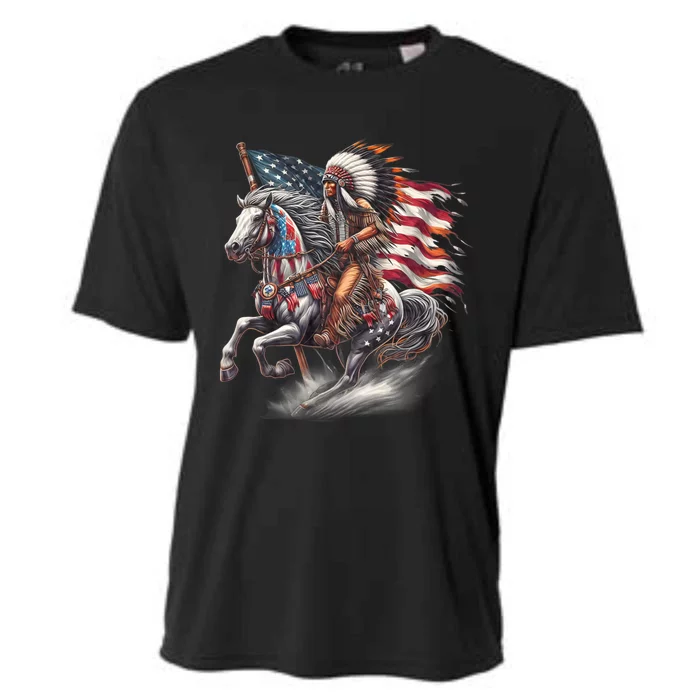 Indigenous Peoples Day 4th Of July Native American Day Flag Indian Riding Horse Cooling Performance Crew T-Shirt