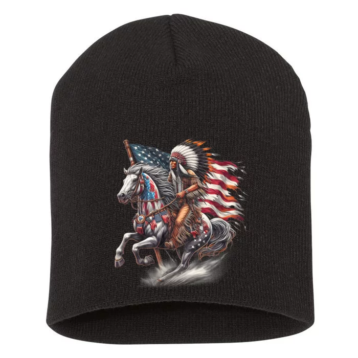 Indigenous Peoples Day 4th Of July Native American Day Flag Indian Riding Horse Short Acrylic Beanie