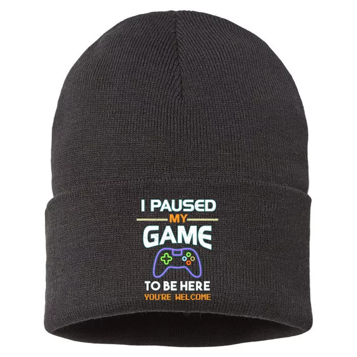 I Paused My Game To Be Here With Bright Letters That Glow Sustainable Knit Beanie