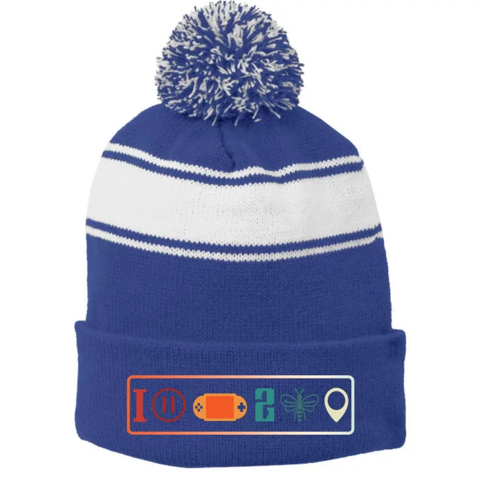 I Paused My Game To Be Here Icons Cool Gaming Retro Vintage Meaningful Gift Stripe Pom Pom Beanie