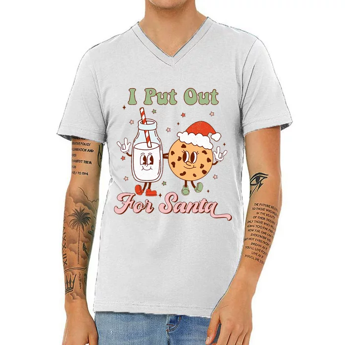 I Put Out For Santa Funny Milk And Cookie Christmas Retro V-Neck T-Shirt