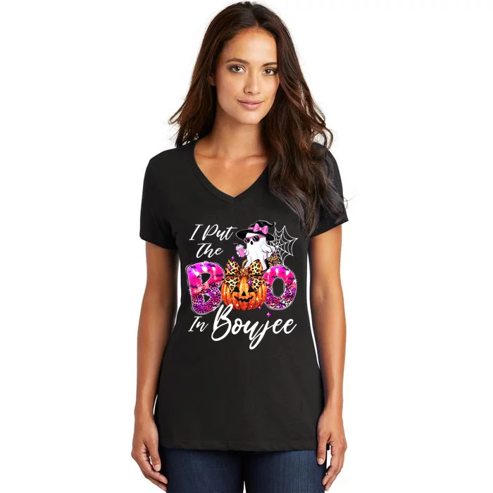 I Put The Boo In Boujee Cute Leopard Boujie Ghost Halloween Women's V-Neck T-Shirt