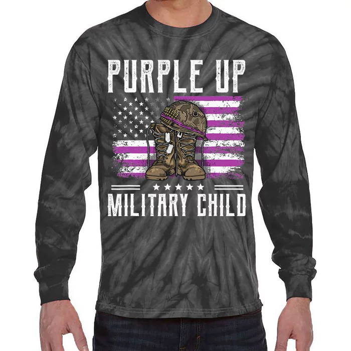 I Purple Up Month of Military Child Boots US Flag Tie-Dye Long Sleeve Shirt