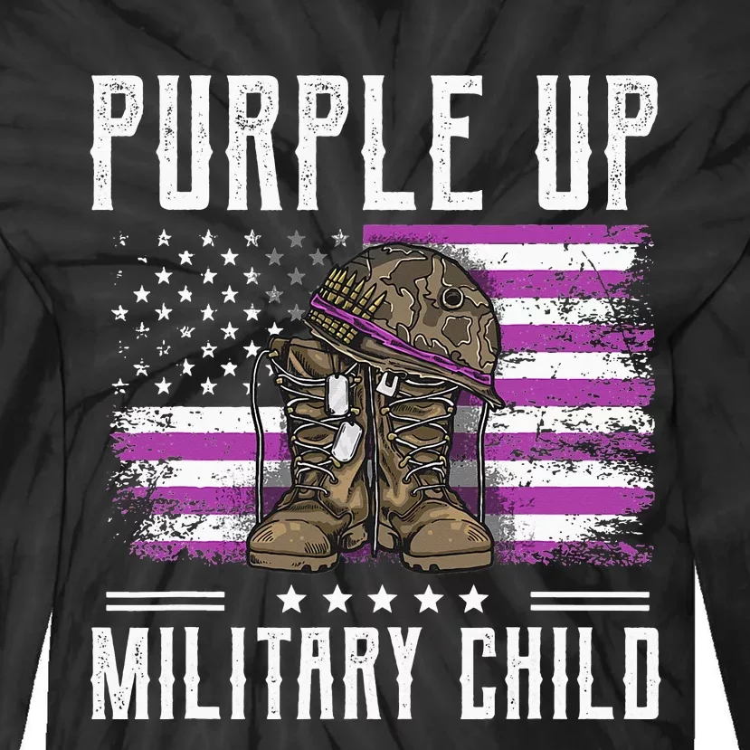 I Purple Up Month of Military Child Boots US Flag Tie-Dye Long Sleeve Shirt