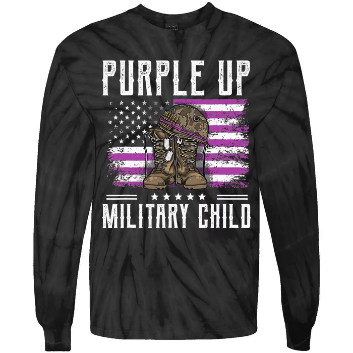 I Purple Up Month of Military Child Boots US Flag Tie-Dye Long Sleeve Shirt