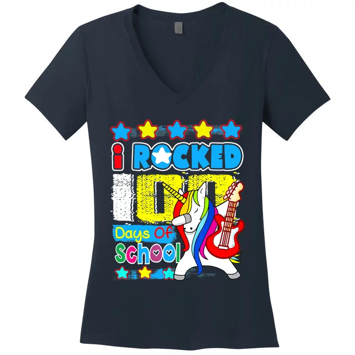 I Rocked 100 Days Of School 100th Day Guitar Music Gifts Women's V-Neck T-Shirt