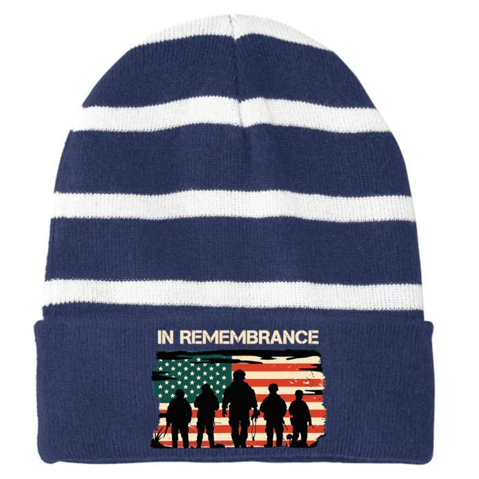 In Remembrance American Flag Usa Striped Beanie with Solid Band