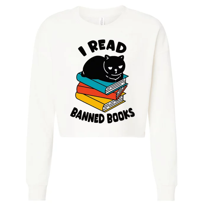 I Read Banned Books Black Cat Reader Bookworm Women Cropped Pullover Crew