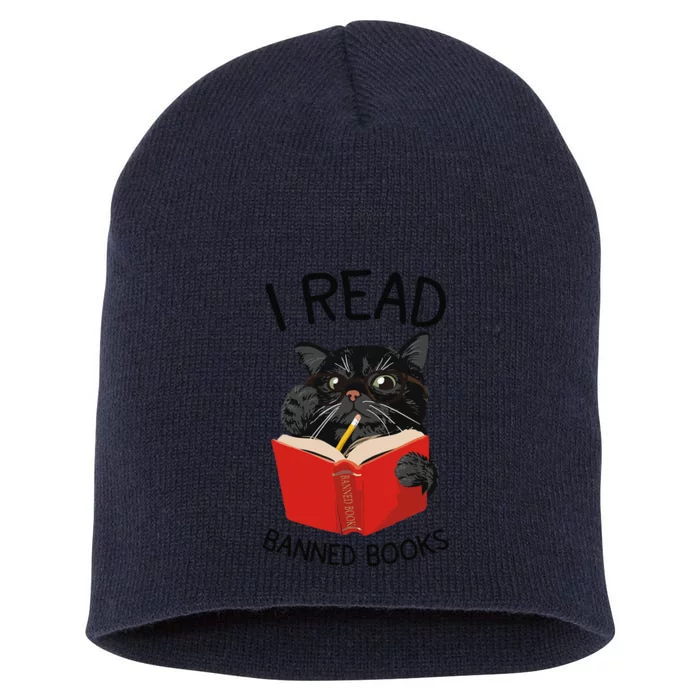 I Read Banned Books Black Cat Reader Librarian Freadom Women (1) Short Acrylic Beanie