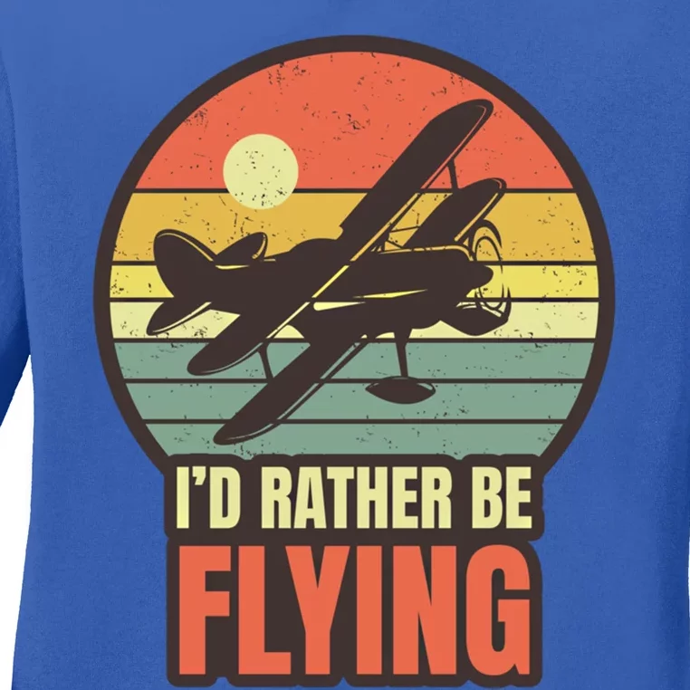 Id Rather Be Flying Aviation Pilot Flight Retro Sunset Meaningful Gift Ladies Long Sleeve Shirt