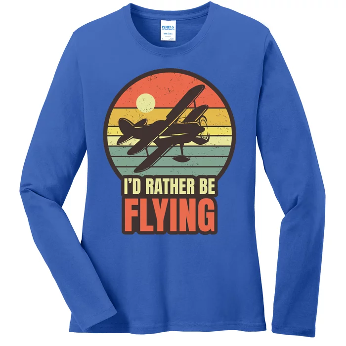 Id Rather Be Flying Aviation Pilot Flight Retro Sunset Meaningful Gift Ladies Long Sleeve Shirt