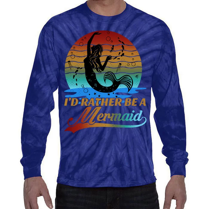 Id Rather Be A Mermaid Cute 90s Retro Sunset Silhouette Mermaid Slogan Tie-Dye Long Sleeve Shirt