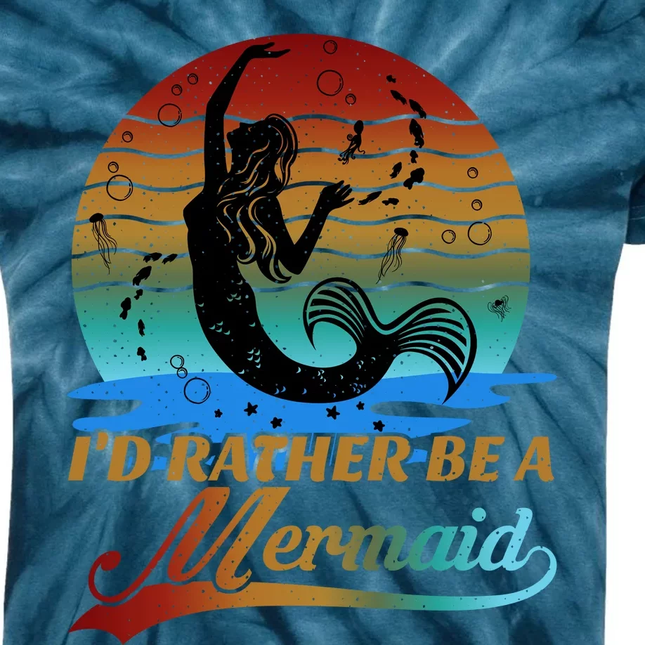 Id Rather Be A Mermaid Cute 90s Retro Sunset Silhouette Mermaid Slogan Kids Tie-Dye T-Shirt