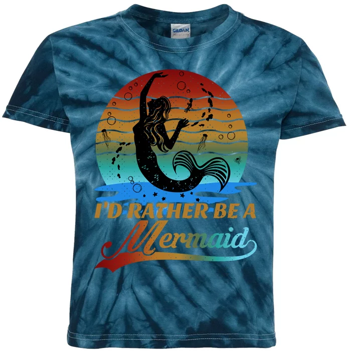 Id Rather Be A Mermaid Cute 90s Retro Sunset Silhouette Mermaid Slogan Kids Tie-Dye T-Shirt