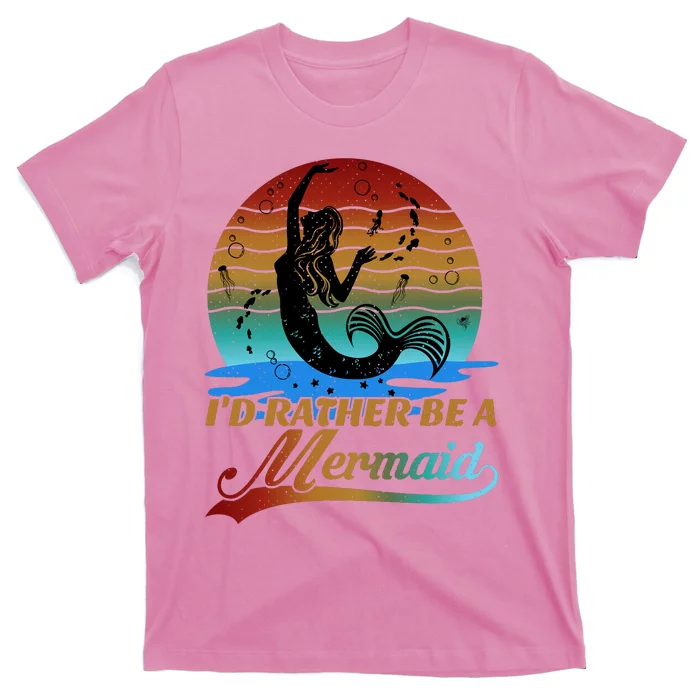 Id Rather Be A Mermaid Cute 90s Retro Sunset Silhouette Mermaid Slogan T-Shirt