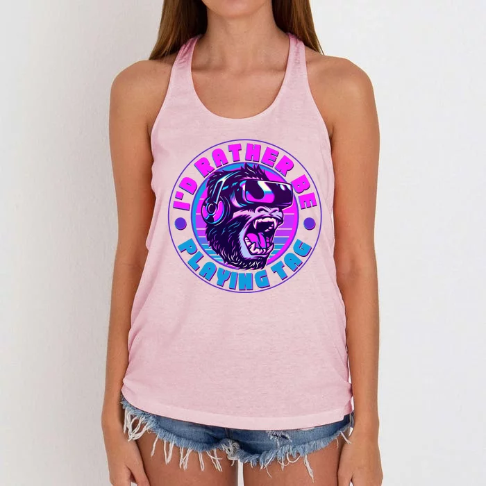 ID Rather Be Playing Tag Vr Gamer Ape Gorilla Women's Knotted Racerback Tank