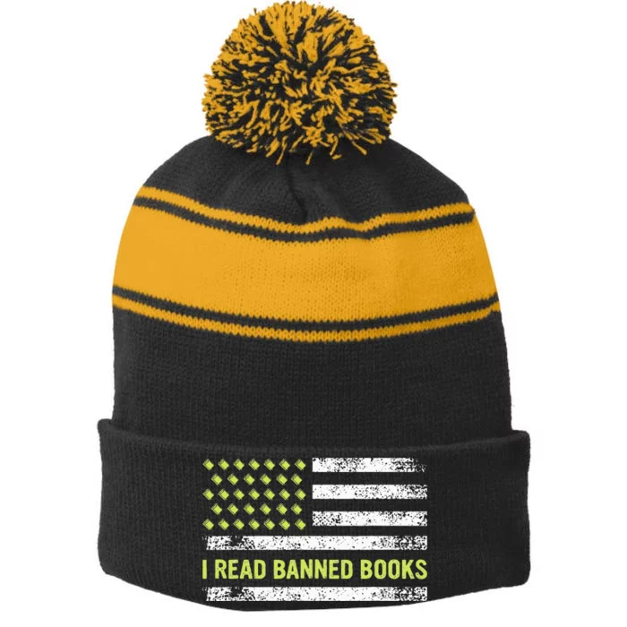 I Read Banned Books Retro Usa Flag Reading Librarian Reader Stripe Pom Pom Beanie