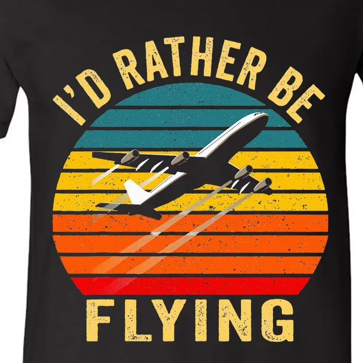 I'd Rather Be Flying Funny Vintage Airplane Pilot Gift V-Neck T-Shirt