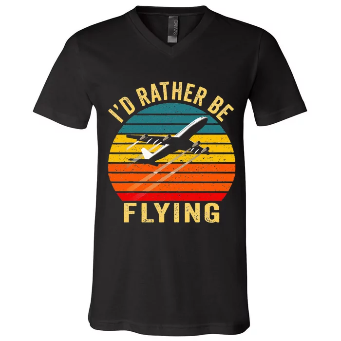 I'd Rather Be Flying Funny Vintage Airplane Pilot Gift V-Neck T-Shirt