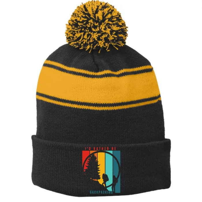 I'd Rather Be Backpacking Retro Sunset Camping Adventure Stripe Pom Pom Beanie