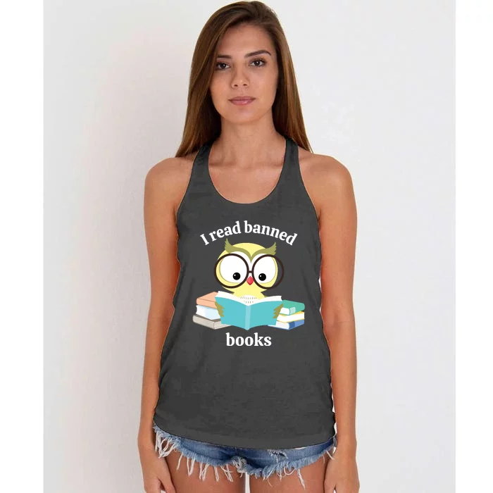 I Read Banned Books Week Librarian Reader Owl Women's Knotted Racerback Tank