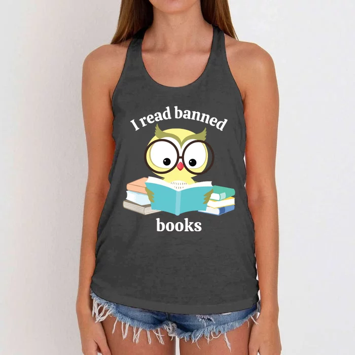 I Read Banned Books Week Librarian Reader Owl Women's Knotted Racerback Tank