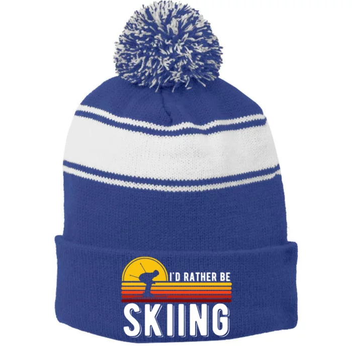 Id Rather Be Skiing Retro Vintage Ski Lover Skiing Gift Stripe Pom Pom Beanie