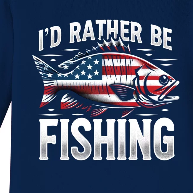 ID Rather Be Fishing A Funny American Flag Largemouth Bass Gift Baby Long Sleeve Bodysuit