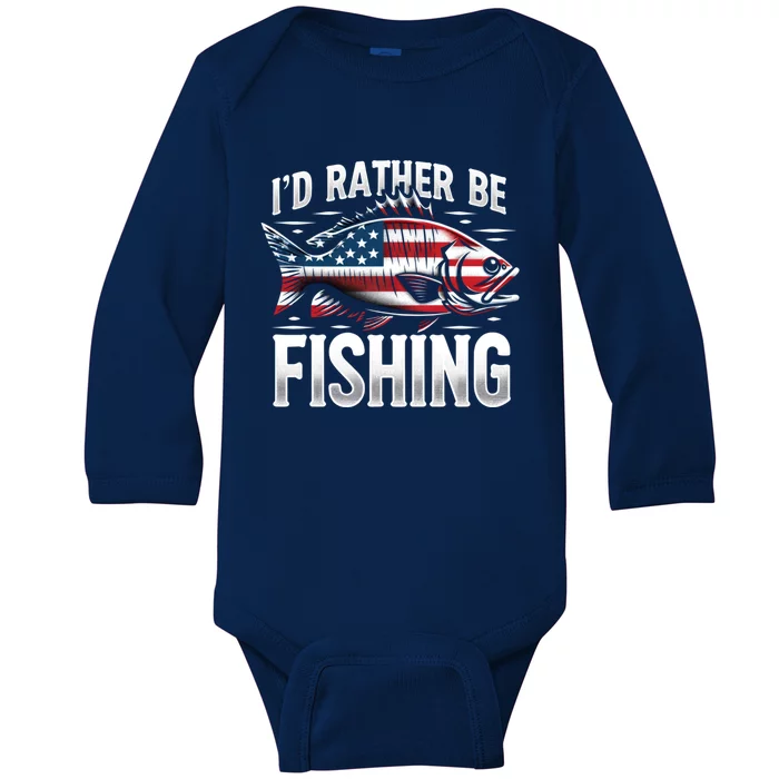 ID Rather Be Fishing A Funny American Flag Largemouth Bass Gift Baby Long Sleeve Bodysuit