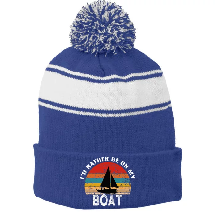 Id Rather Be On My Boat Funny Sailing Vintage Stripe Pom Pom Beanie