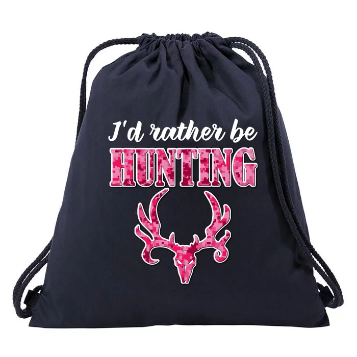 I'd Rather Be Hunting Deer Skull Pink Camo Pattern Print Mom Great Gift Drawstring Bag