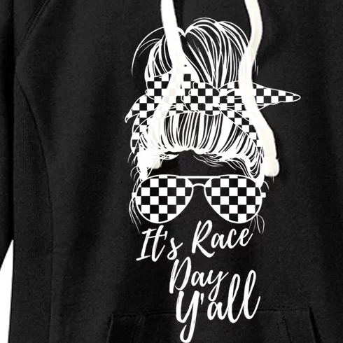 It's Race Day Y'all Checkered Flag Racing Messy Bun Design Cool Gift Women's Fleece Hoodie