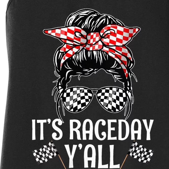 Its Race Day Yall Checkered Flag Racing Messy Bun Women's Racerback Tank