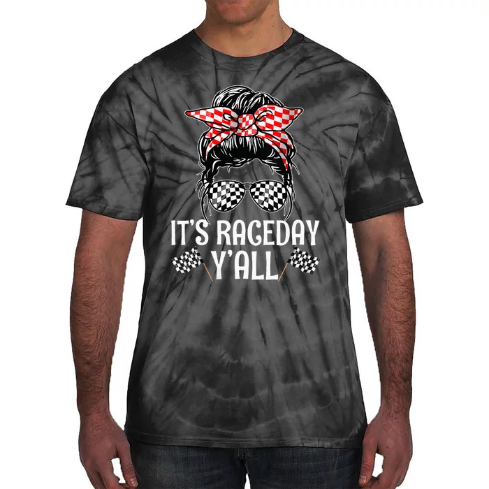 Its Race Day Yall Checkered Flag Racing Messy Bun Tie-Dye T-Shirt