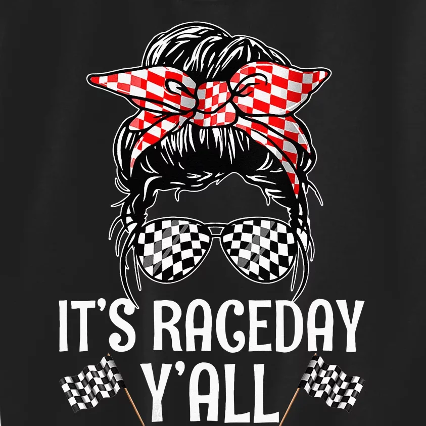 Its Race Day Yall Checkered Flag Racing Messy Bun Kids Sweatshirt