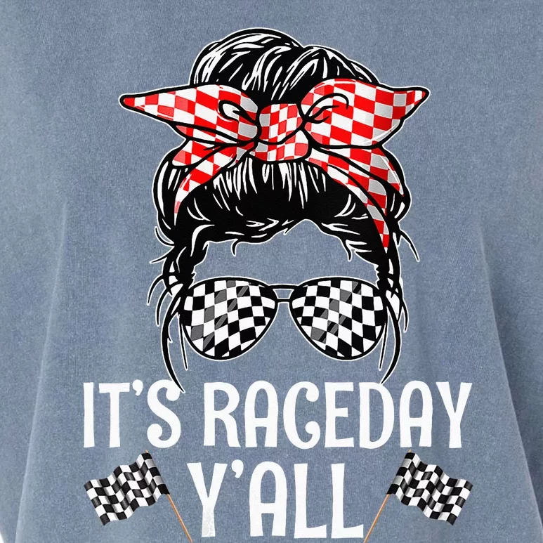 Its Race Day Yall Checkered Flag Racing Messy Bun Garment-Dyed Women's Muscle Tee