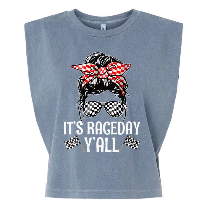 Its Race Day Yall Checkered Flag Racing Messy Bun Garment-Dyed Women's Muscle Tee