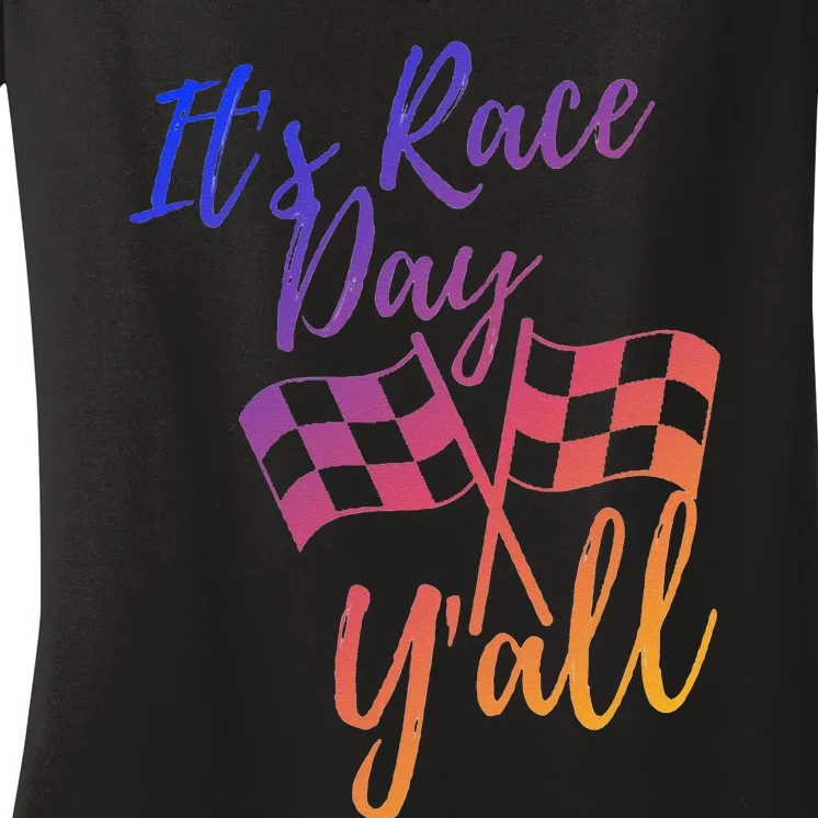 Its Race Day Yall Checkered Flag American Flag Race Women's V-Neck T-Shirt