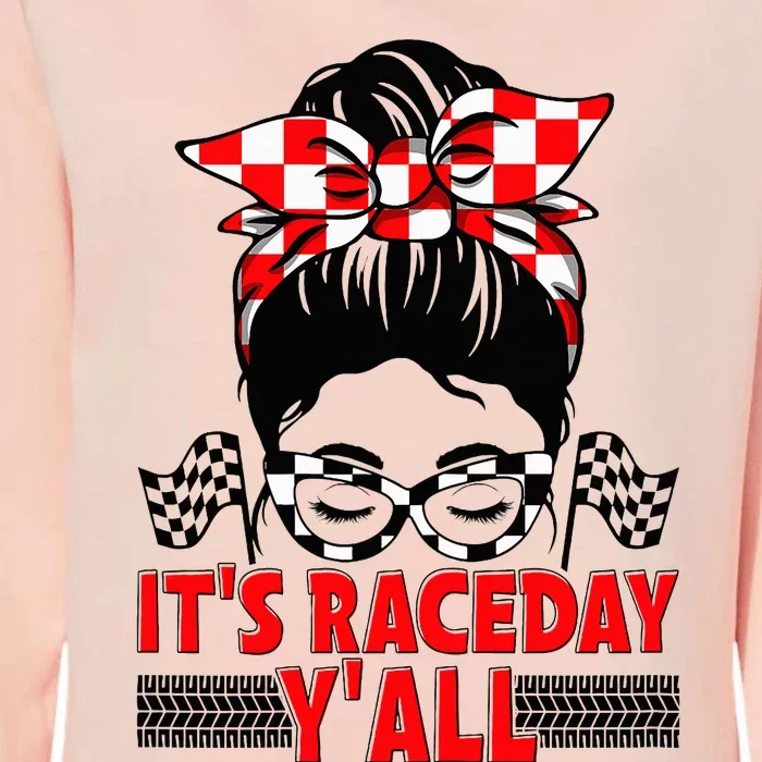 It's Race Day Y'all Checkered Flag Racing Messy Bun Womens California Wash Sweatshirt