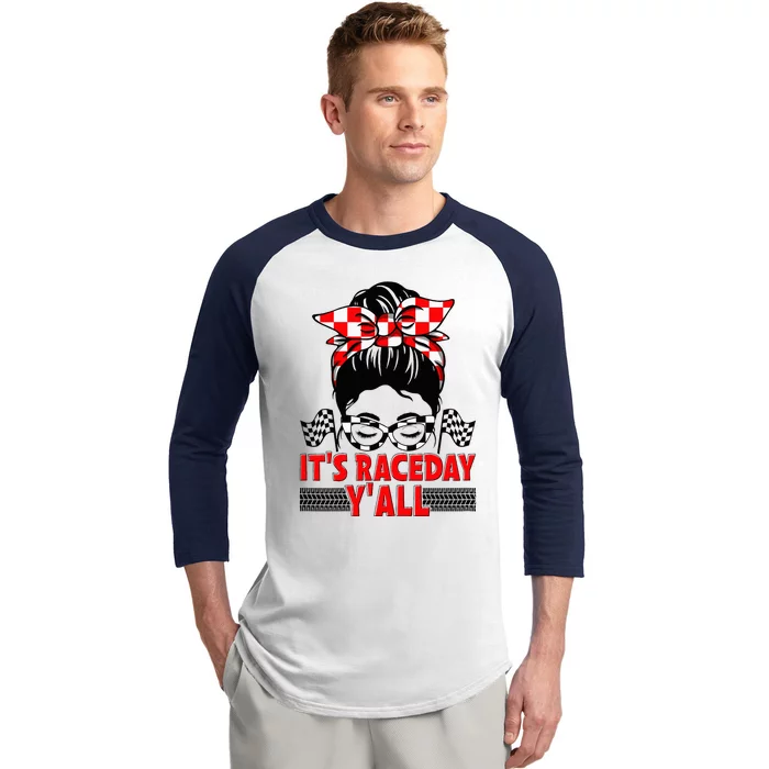 It's Race Day Y'all Checkered Flag Racing Messy Bun Baseball Sleeve Shirt