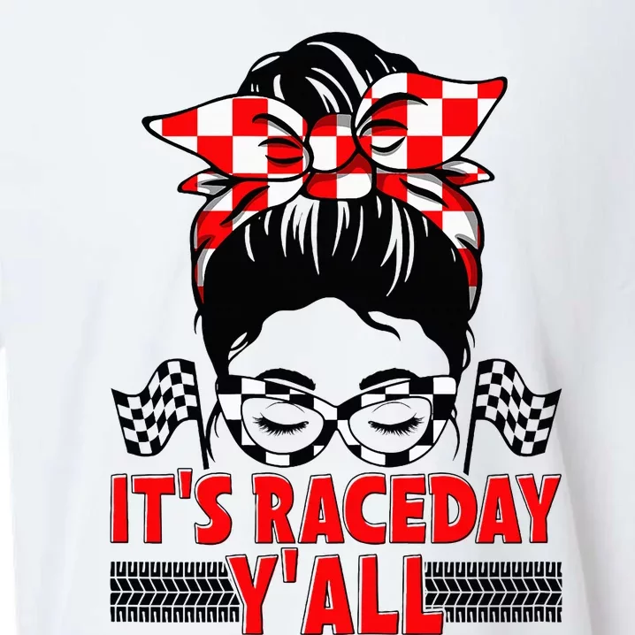 It's Race Day Y'all Checkered Flag Racing Messy Bun Sueded Cloud Jersey T-Shirt