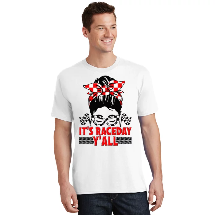 It's Race Day Y'all Checkered Flag Racing Messy Bun T-Shirt