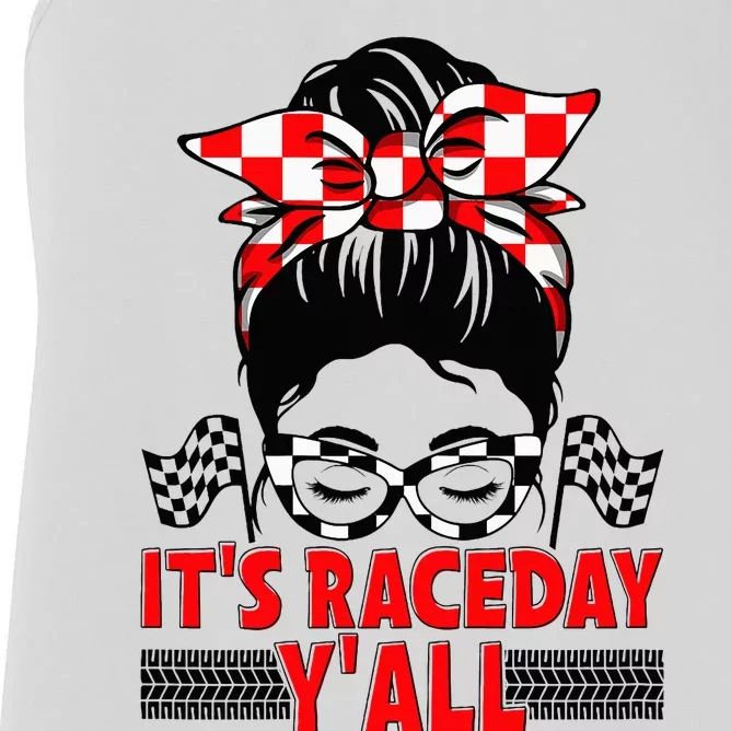 It's Race Day Y'all Checkered Flag Racing Messy Bun Women's Racerback Tank