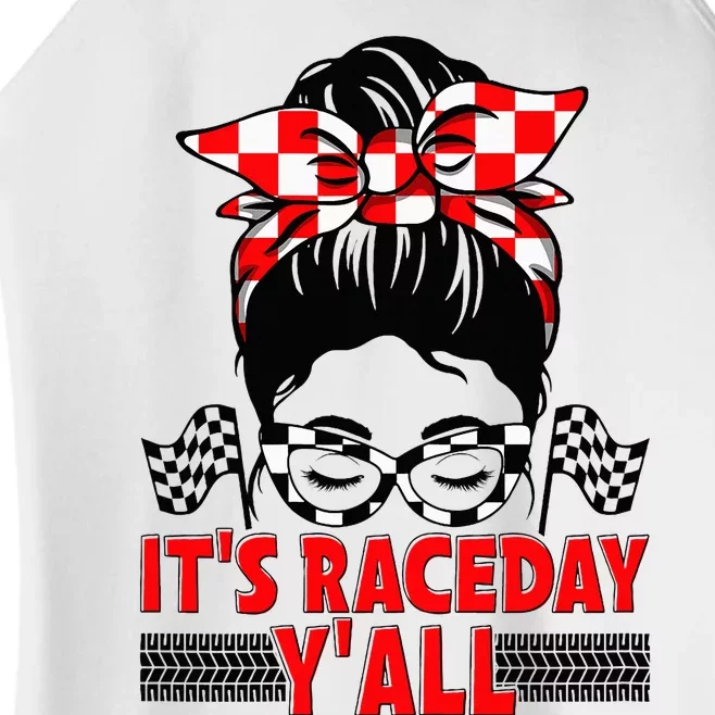 It's Race Day Y'all Checkered Flag Racing Messy Bun Women’s Perfect Tri Rocker Tank