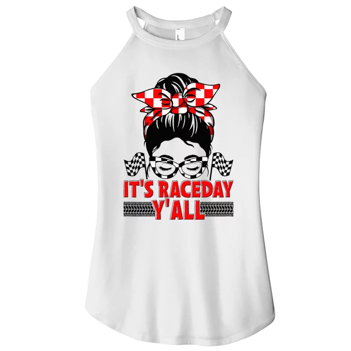 It's Race Day Y'all Checkered Flag Racing Messy Bun Women’s Perfect Tri Rocker Tank