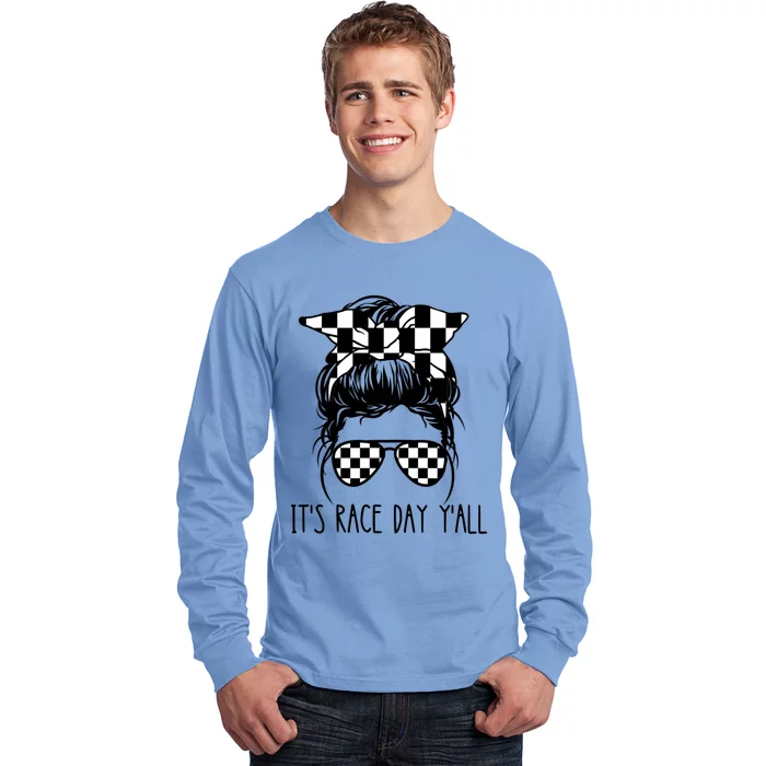 It's Race Day Y'all Checkered Flag Messy Bun Racing Lovers Great Gift Long Sleeve Shirt